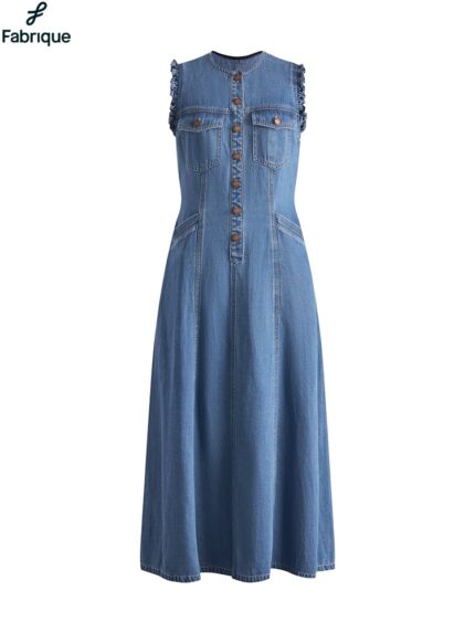 Amelia Scallop Buttoned Cinched Midi Dress in Cotton Linen Denim