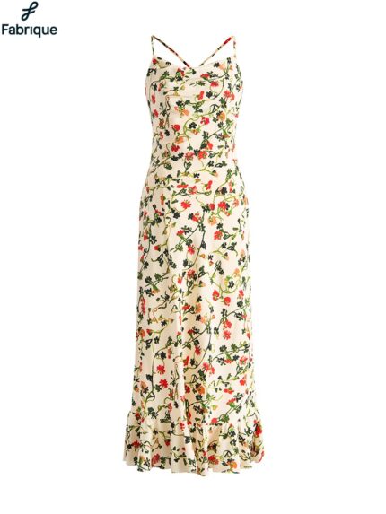 Valentina Rose Vine Ruched Strap Midi Dress Matte Silk Crepe